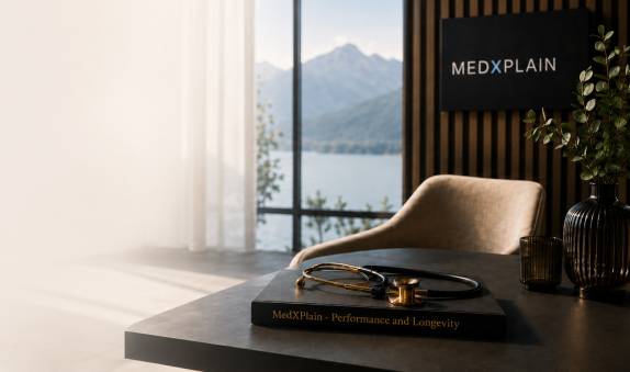Moderner Praxisraum mit Stethoskop auf einem Tisch, MEDXPLAIN-Logo an der Wand und Blick auf eine Berg- und Seenlandschaft.