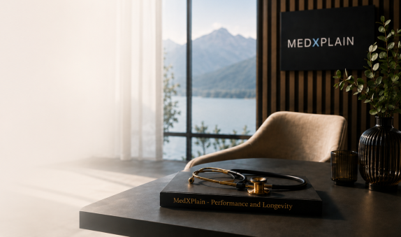 Moderner Praxisraum mit Stethoskop auf einem Tisch, MEDXPLAIN-Logo an der Wand und Blick auf eine Berg- und Seenlandschaft.